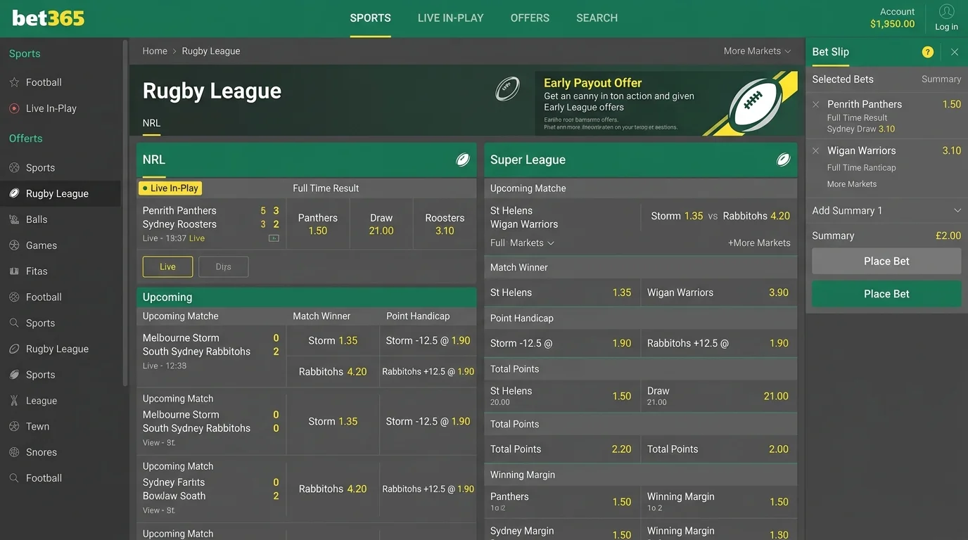 Bet365 Rugby League Wettmärkte und Quoten für NRL und Super League im Überblick