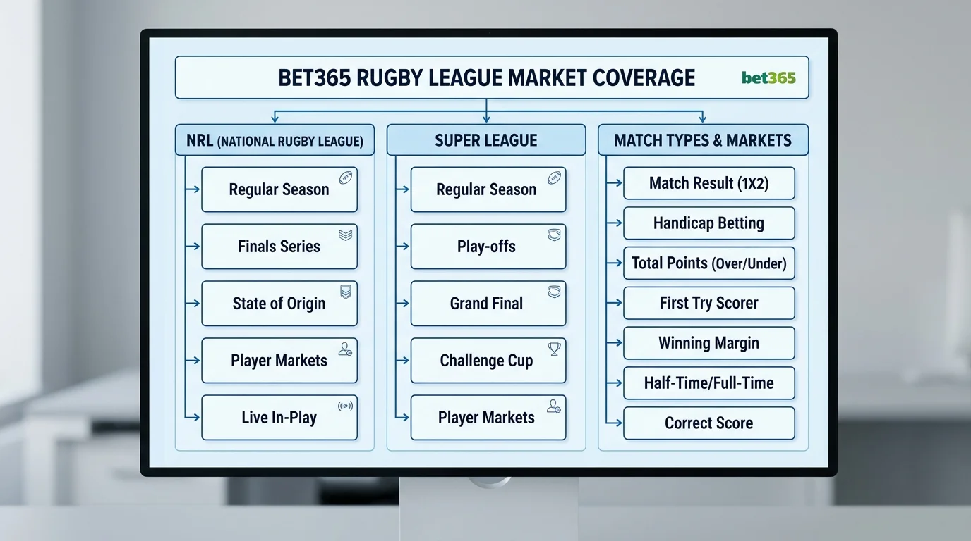 Bet365 Marktabdeckung für Rugby League mit NRL- und Super-League-Wettmärkten