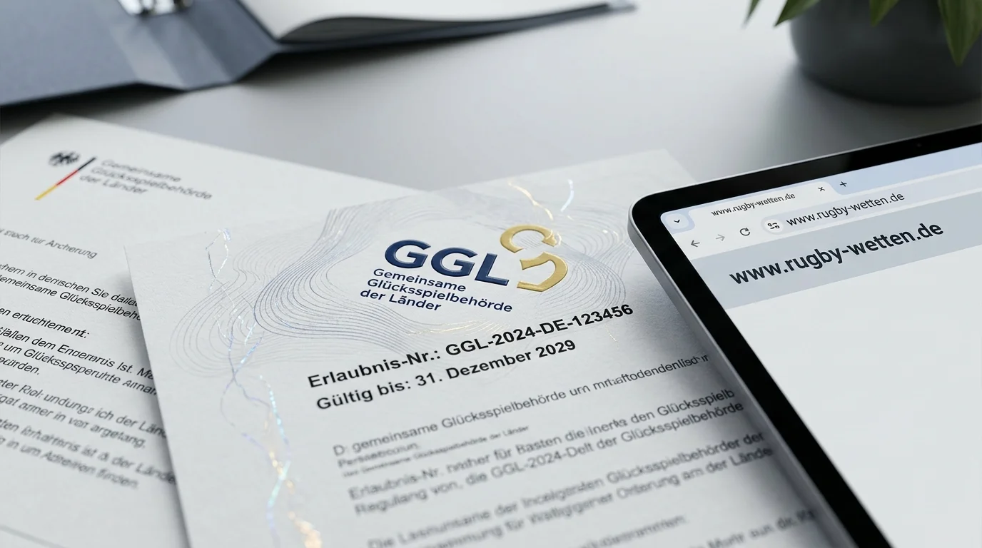 GGL-Lizenz und Legalität von Rugby-Wetten in Deutschland: Symbol für erlaubte Sportwetten mit .de-Domain