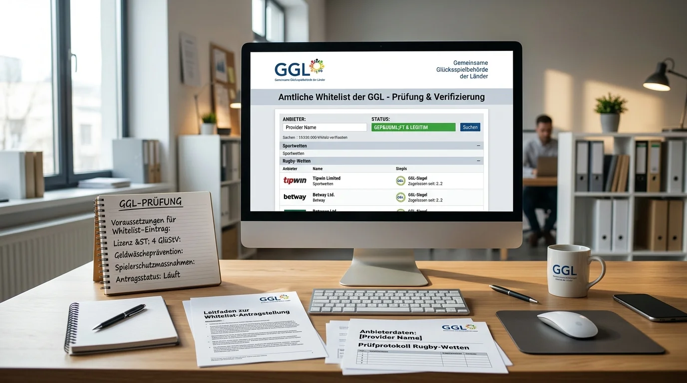GGL Whitelist Prüfung für legale Rugby-Wettanbieter in Deutschland mit GGL-Erlaubnissiegel und .de-Domain