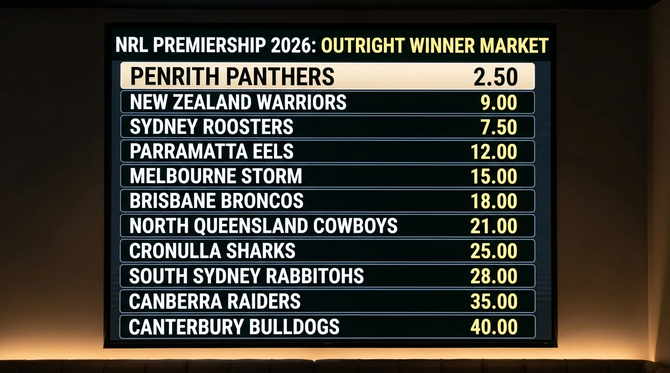 Outright-Quoten für den NRL Grand Final 2026 — Penrith Panthers als Favoriten mit verschiedenen Herausforderern im Vergleich