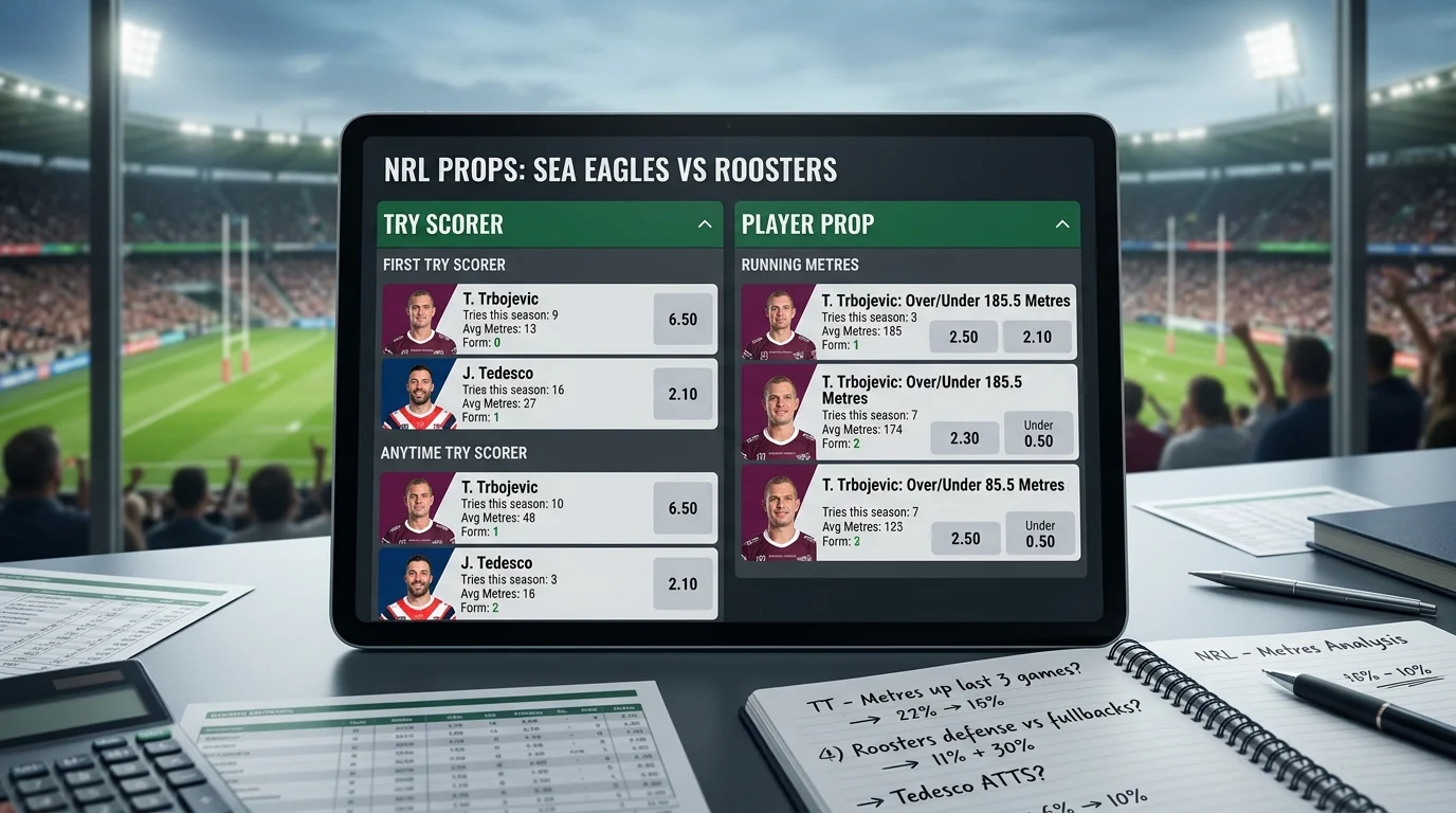 NRL Spielerwetten Props Marktübersicht mit Statistiken für Try-Scorer und Metres-Gained-Wetten