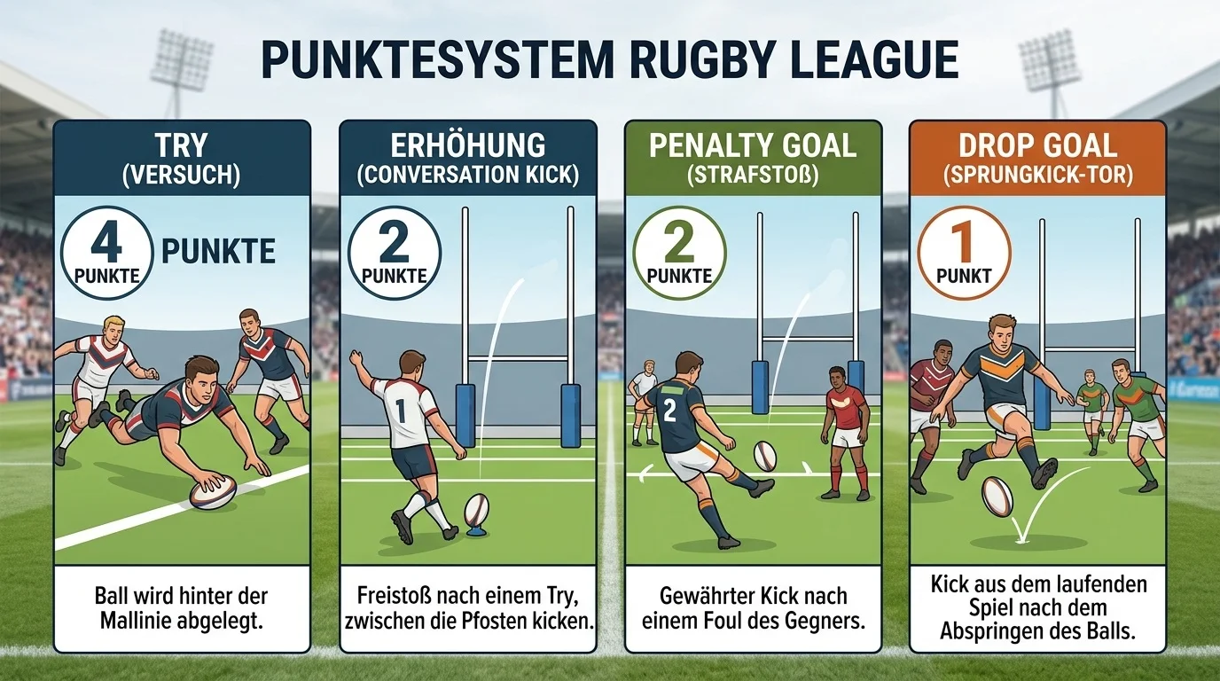Punktesystem im Rugby League: Try, Conversion, Penalty Goal und Drop Goal mit Punktwerten erklärt
