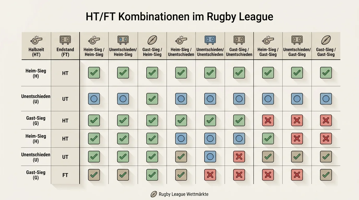 HTFT-Markt Kombinationstabelle für Rugby-League-Halbzeit-Endstand-Wetten mit allen möglichen Ausgängen