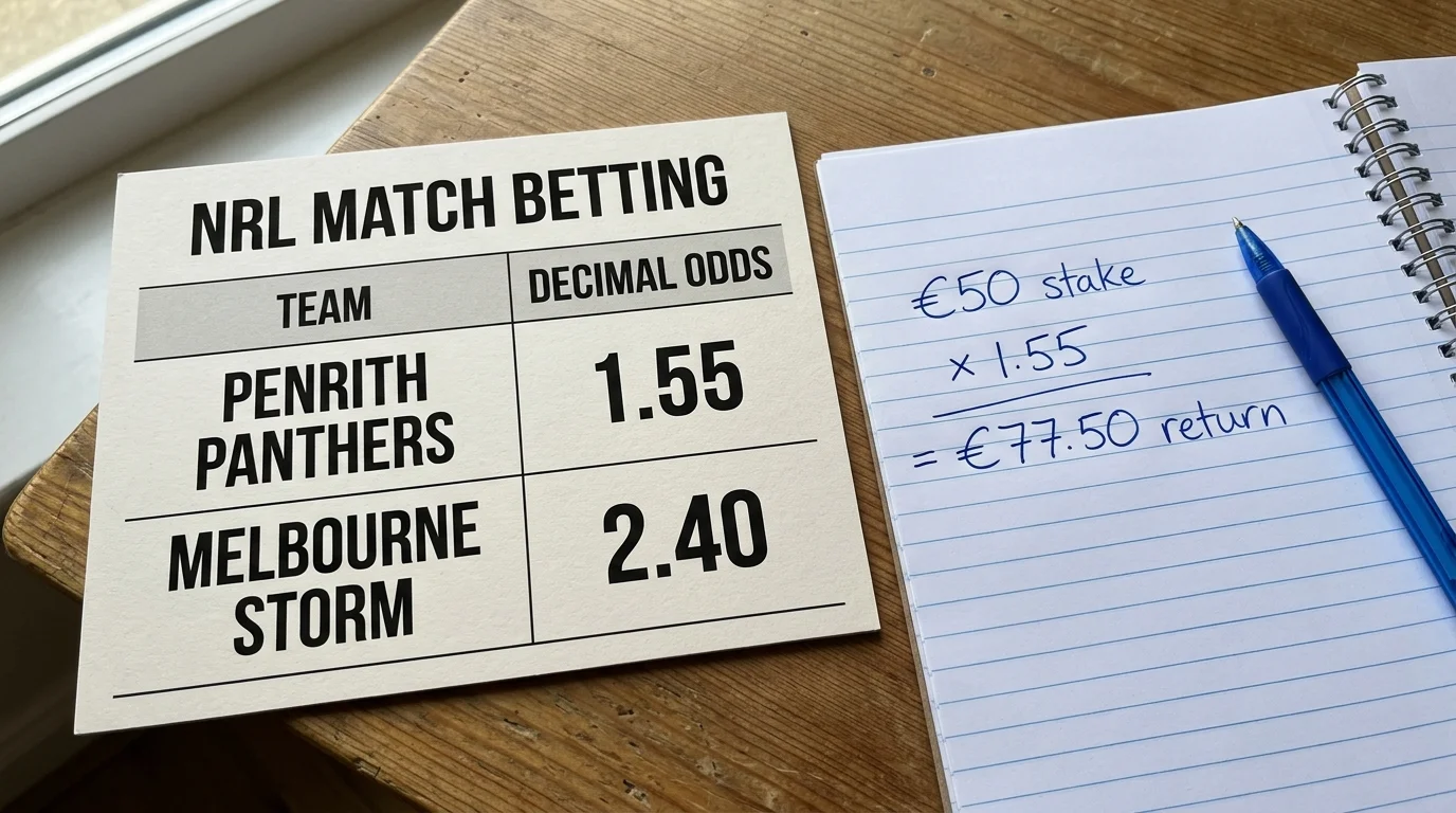 Dezimalquoten im Rugby League erklärt: Beispiel einer Siegwette mit Quote 2.50 und Einsatz €20