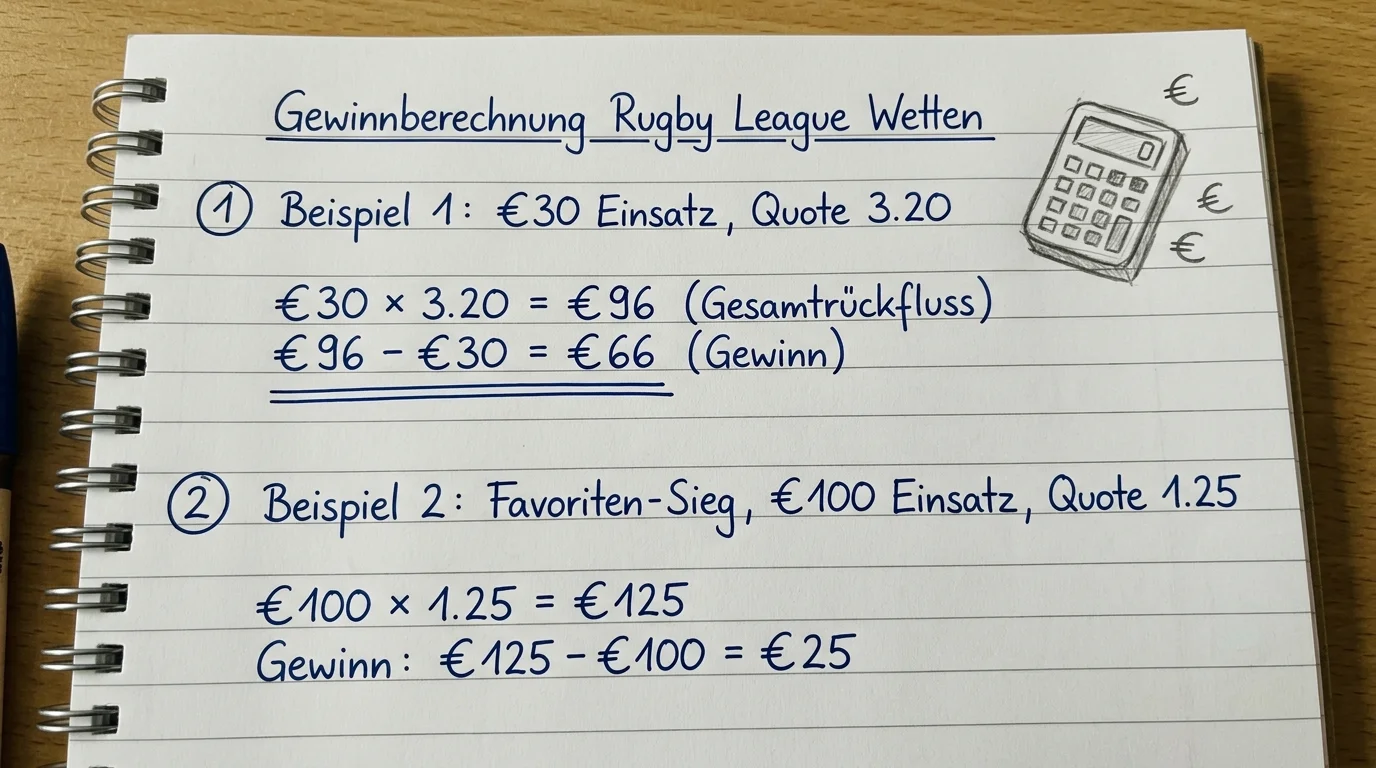 Schritt-für-Schritt Gewinnberechnung bei Rugby League Dezimalquoten: Einsatz mal Quote minus Einsatz