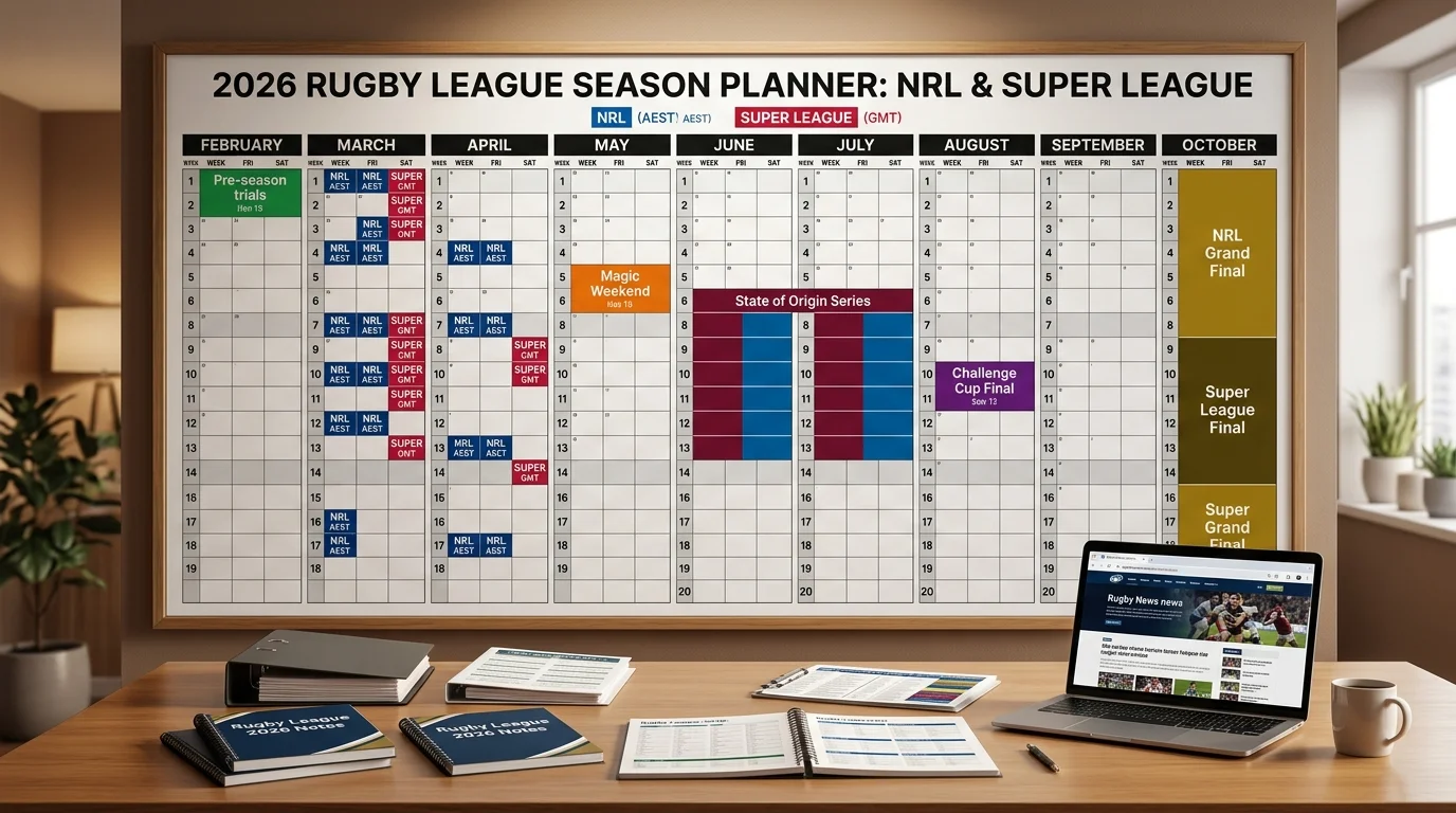 Rugby League Saison-Kalender 2026 Übersicht mit NRL und Super League Terminen für Sportwetten