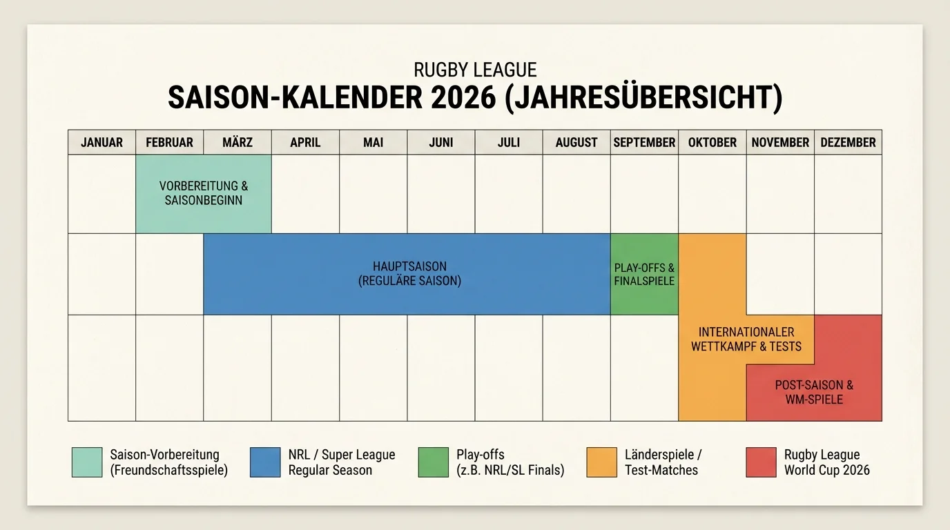 Rugby League Jahresübersicht 2026 mit NRL Super League und internationalen Turnieren als Wettkalender