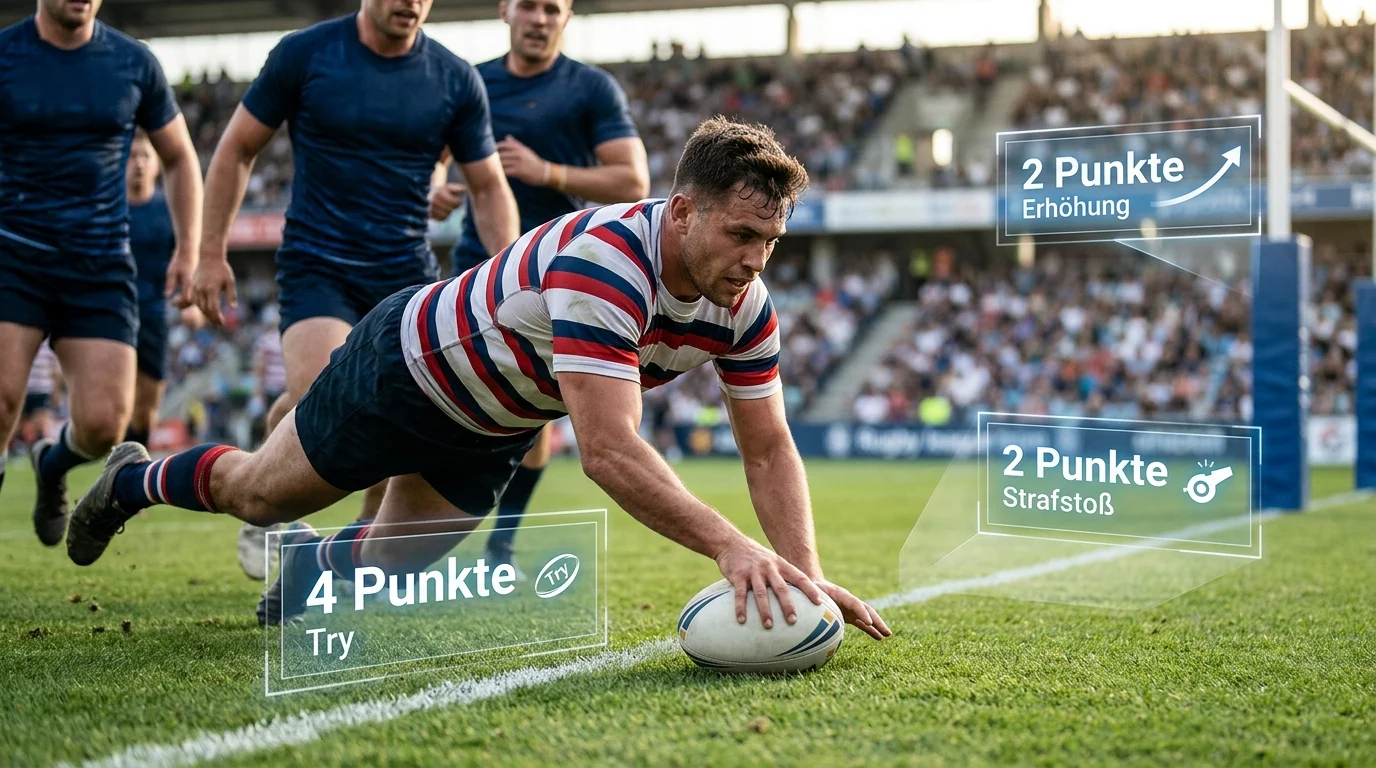 Scoring-Mechanik im Rugby League: Try, Conversion, Penalty Goal und Drop Goal mit Punktewerten für Über/Unter-Wetten