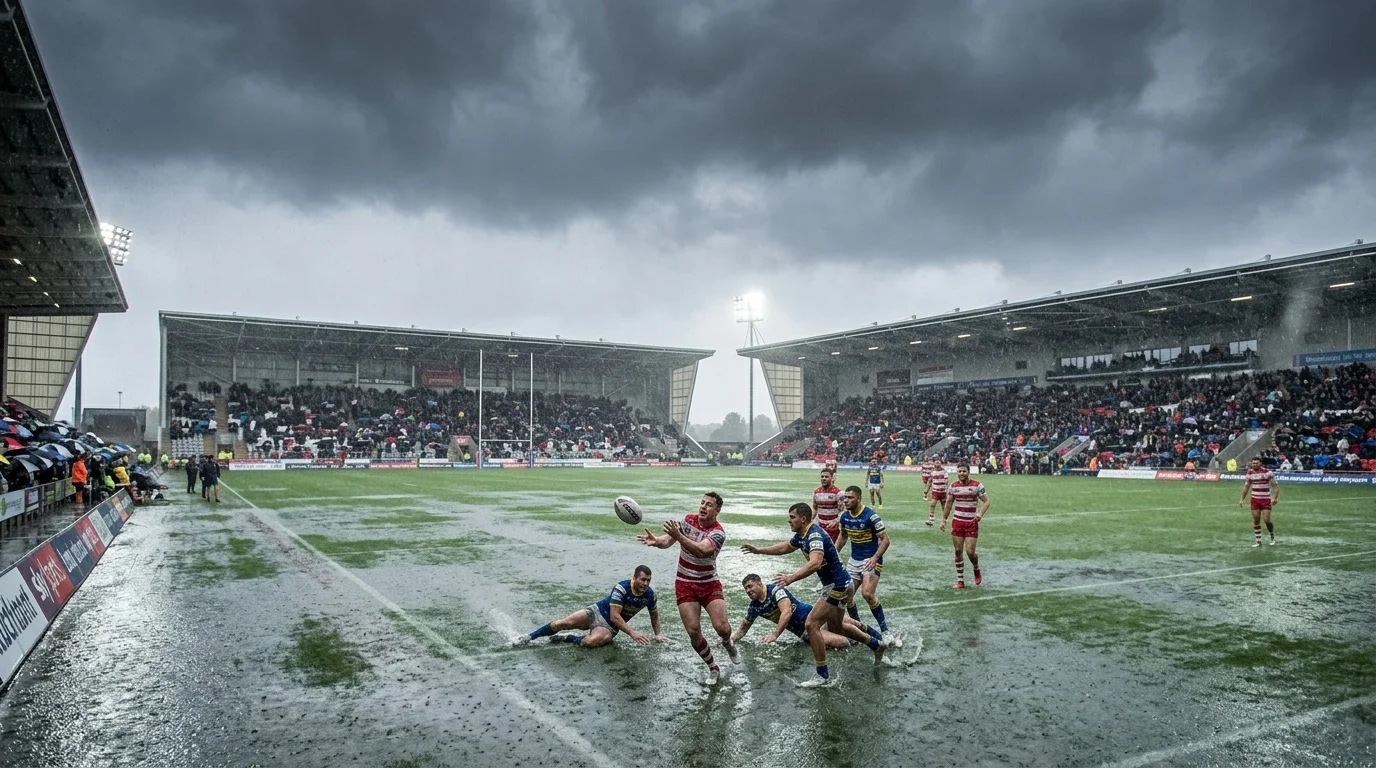 Regenwetter über einem Rugby-League-Stadion — schlechte Wetterbedingungen verschieben Über/Unter-Linien nach unten