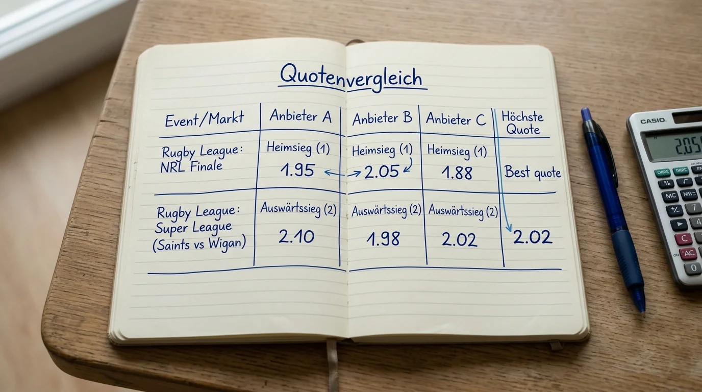 Rugby League Quotenvergleich zwischen GGL-lizenzierten Buchmachern: So finden Einsteiger die besten Wettquoten