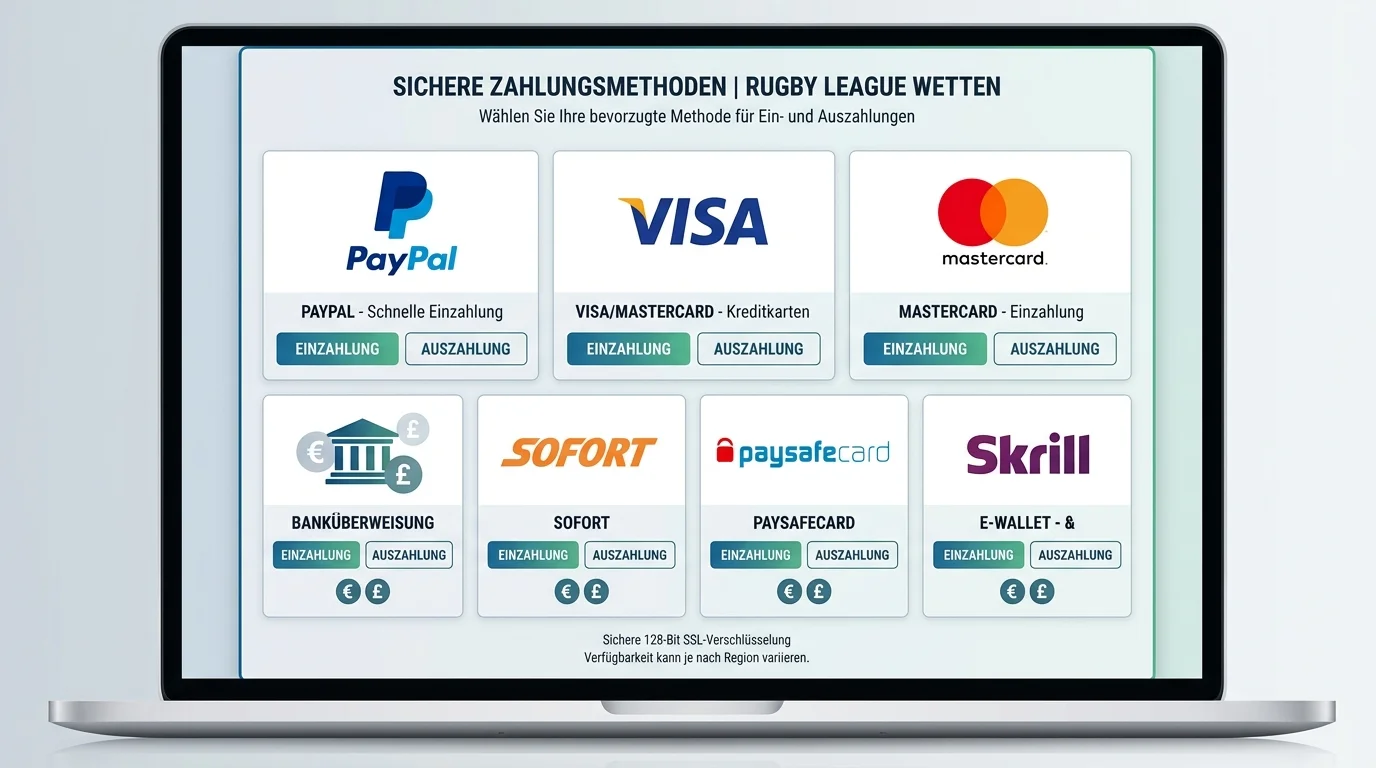Rugby League Wetten Zahlungsmethoden Deutschland PayPal Krypto GGL-lizenzierte Anbieter
