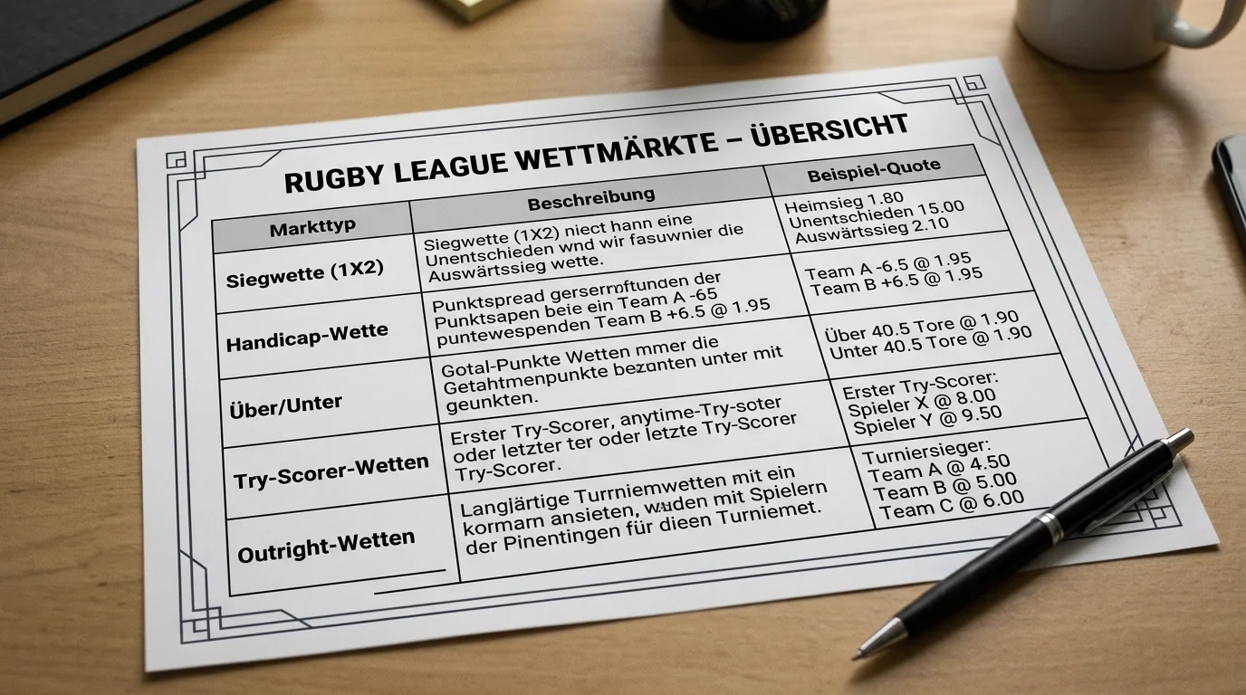 Übersicht der wichtigsten Rugby-League-Wettmärkte: Siegwette, Handicap, Über/Unter und Try-Scorer-Wette