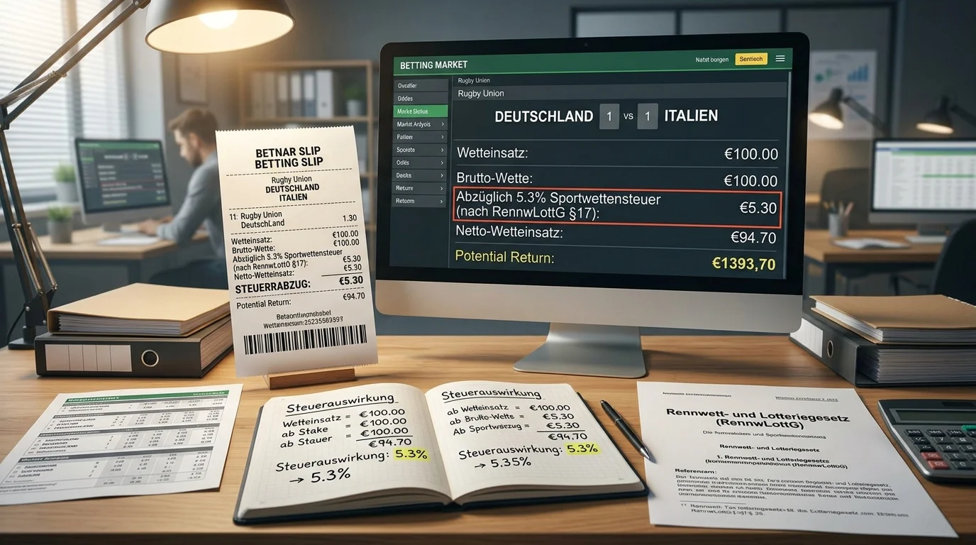 Sportwettensteuer Deutschland 5,3 Prozent Rugby-Wetten Erklärung mit Rennwett- und Lotteriegesetz
