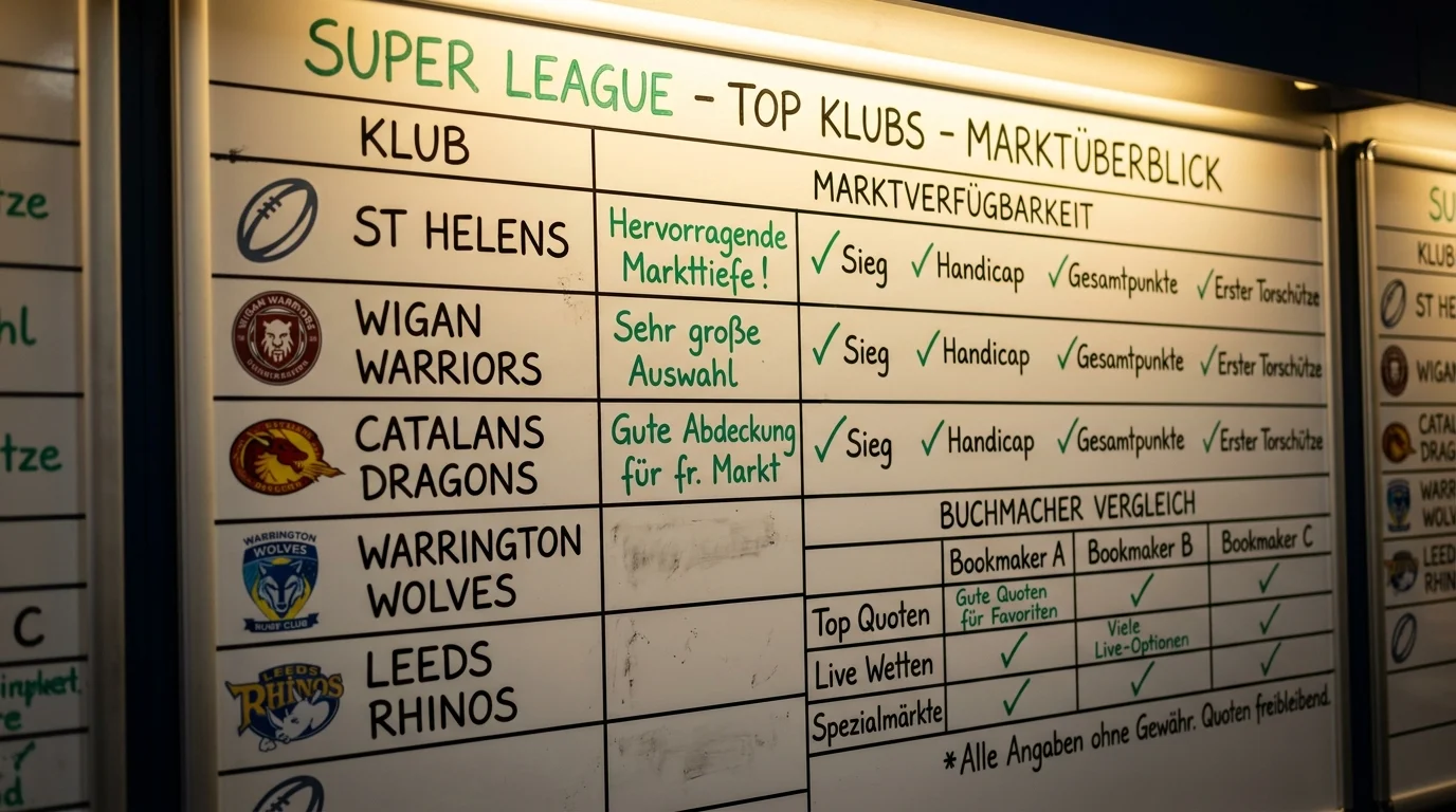 Super League Top-Klubs 2026 in deutschen Wettmärkten: St Helens, Wigan Warriors und Catalans Dragons Marktabdeckung