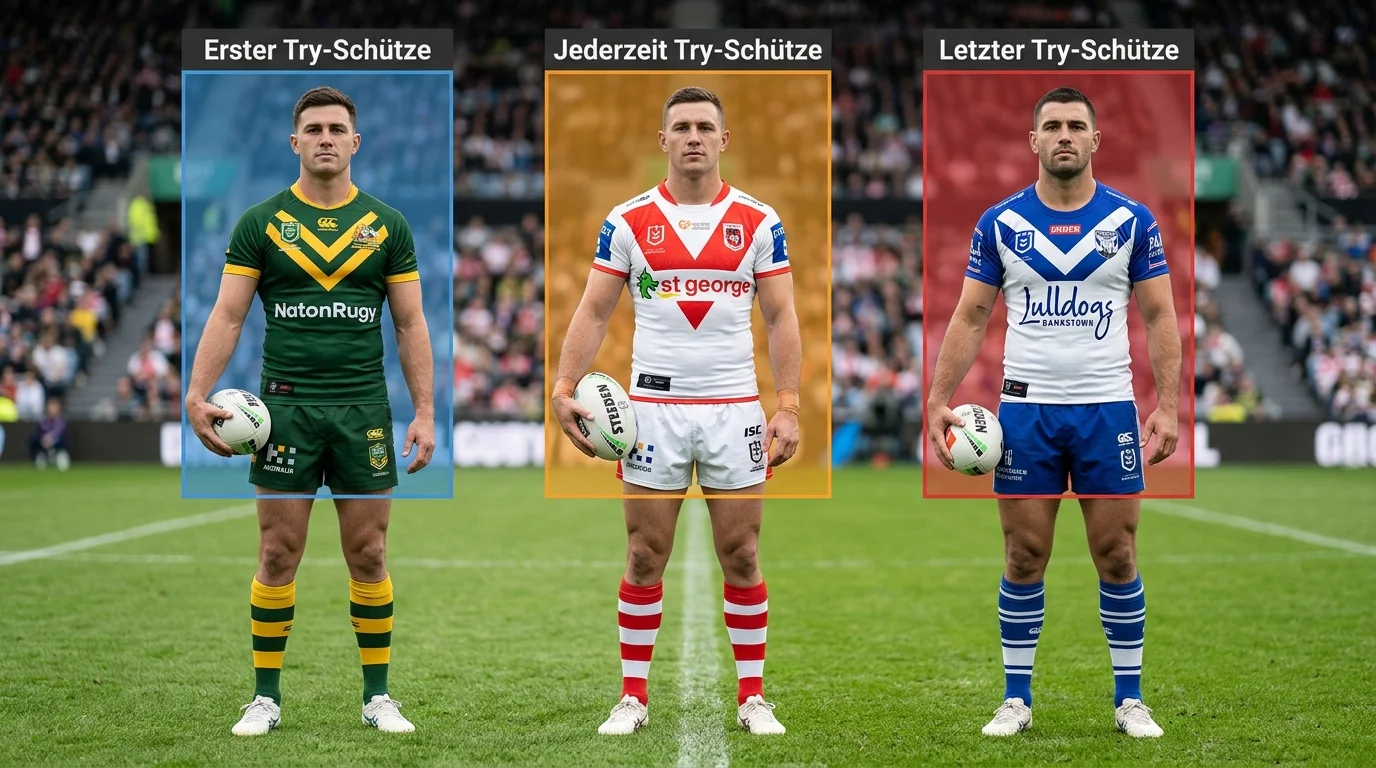 Drei Markttypen bei Try-Scorer-Wetten im Rugby League: Erster, Letzter und Jederzeit Try-Schütze im Vergleich
